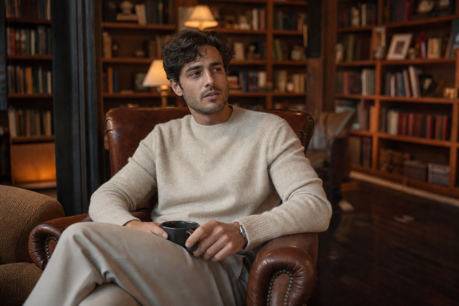 man in his 30s wearing an oatmeal cashmere crewneck and stone trousers