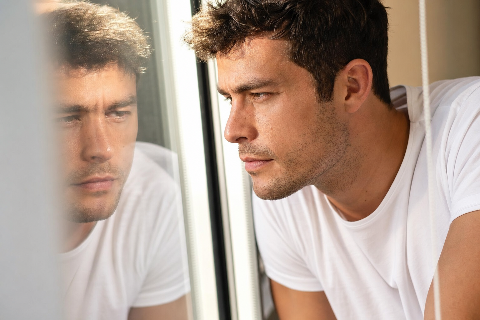 close-up of a man with an oval face shape examining his reflection in a sunlit window on a warm summer da