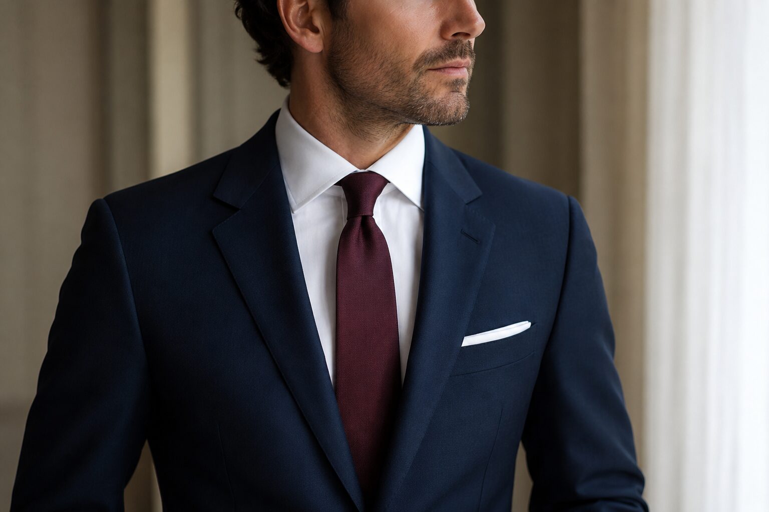Navy suit paired with a burgundy solid tie and white pocket square.