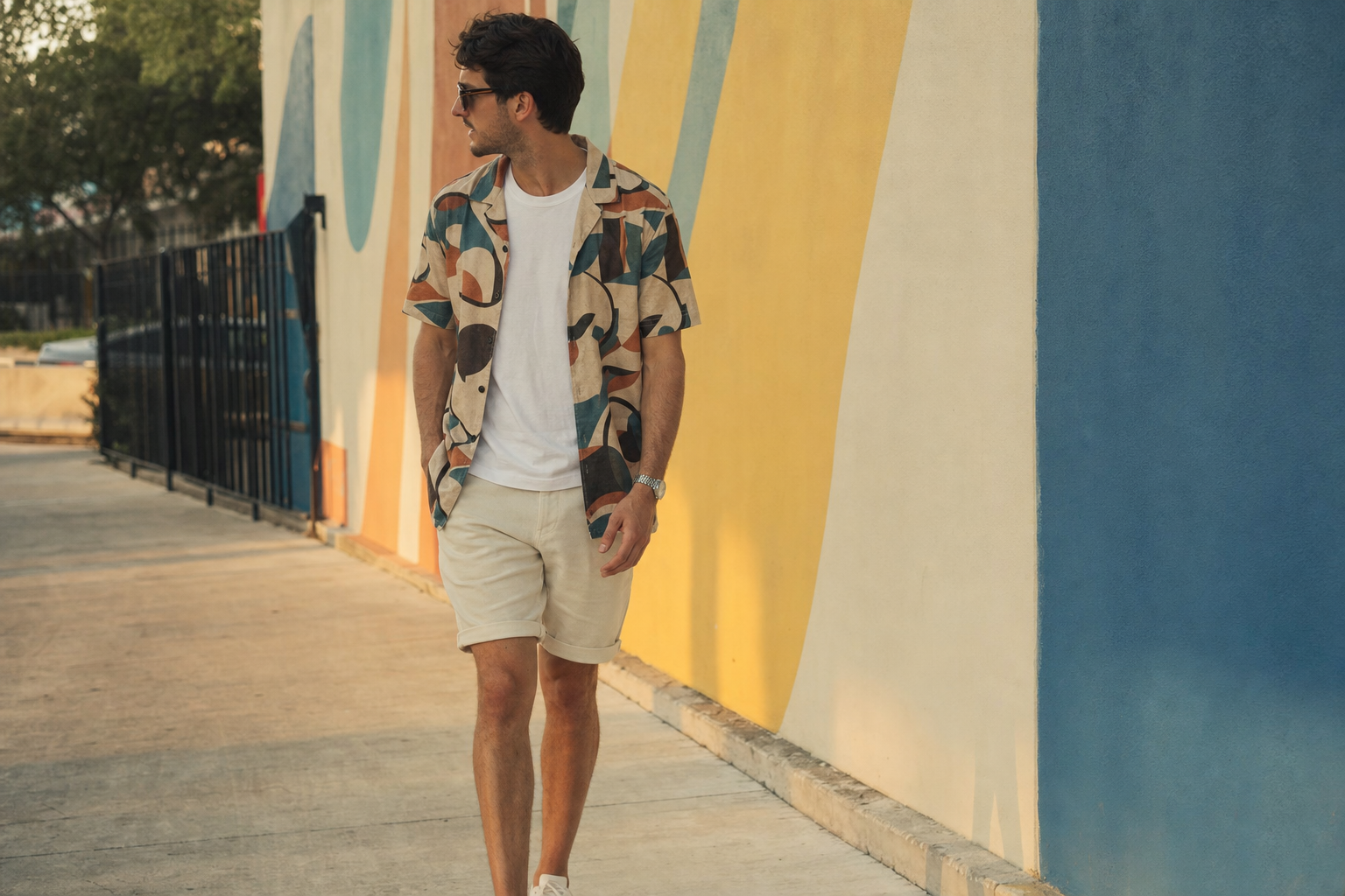 man in his early 30s wearing a patterned camp collar shirt with abstract geometric print