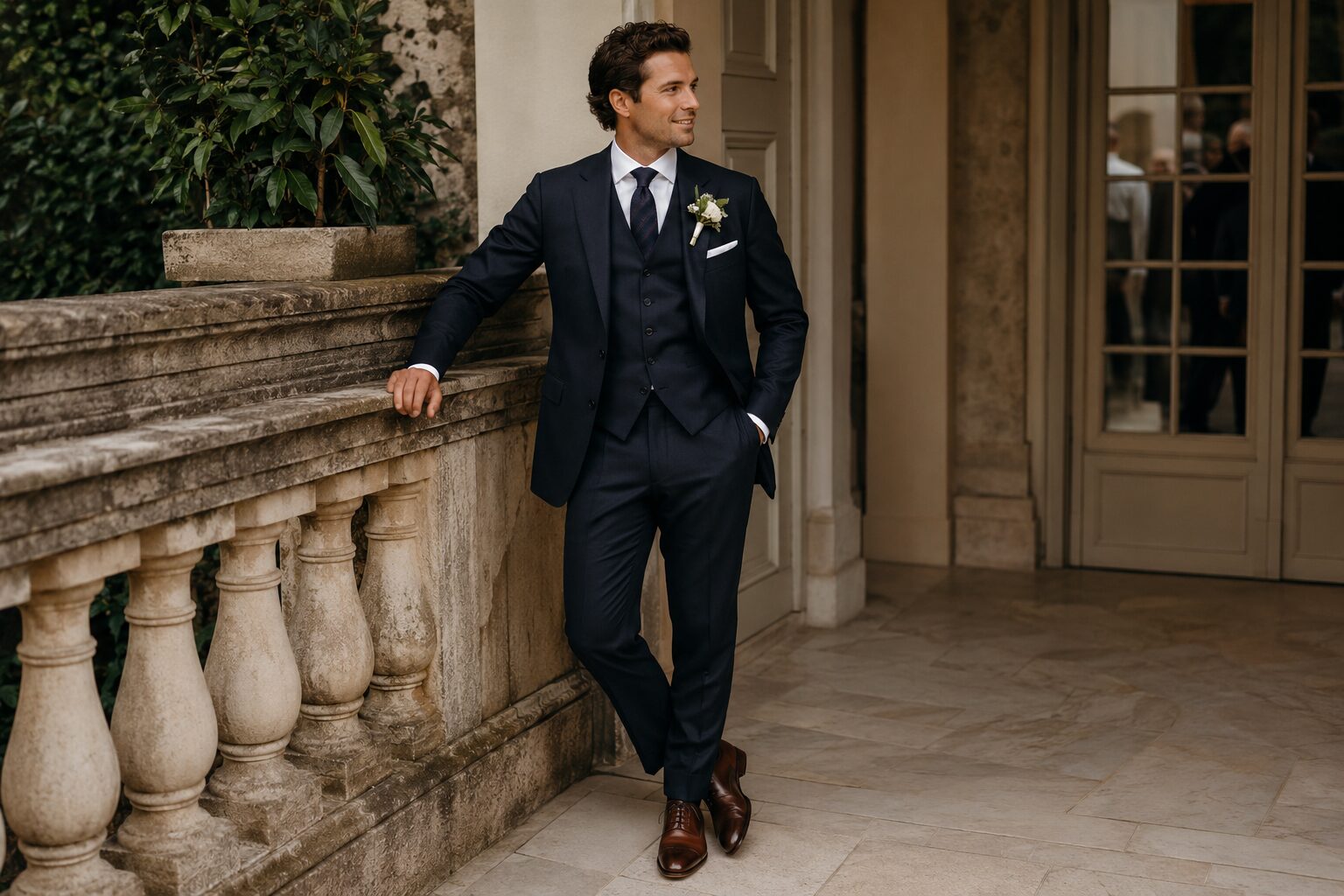 Groom wearing navy three-piece suit with dark brown Oxford dress shoes.