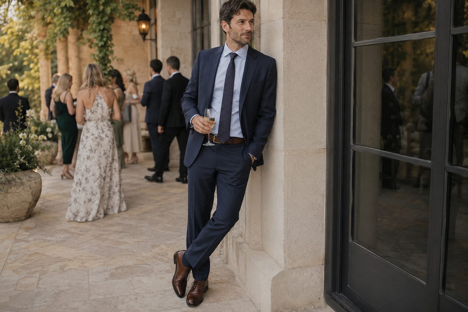 Wedding guest in navy suit and brown dress shoes holding champagne at outdoor reception.