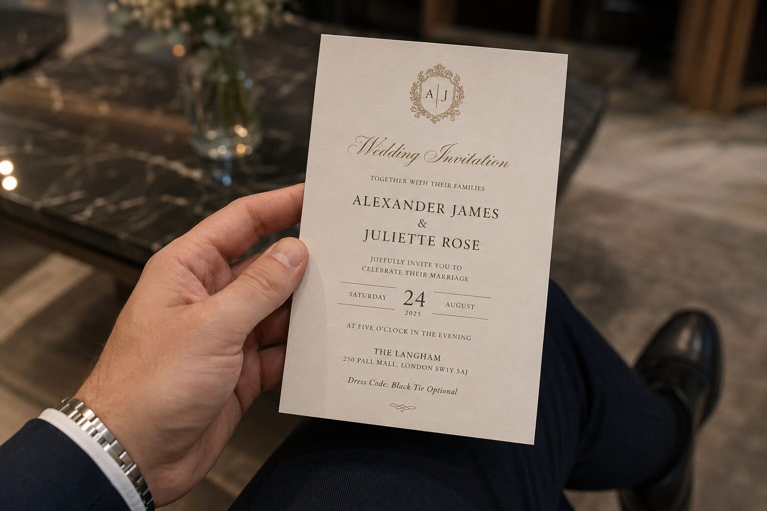 Man holding formal wedding invitation showing black tie optional dress code detail.