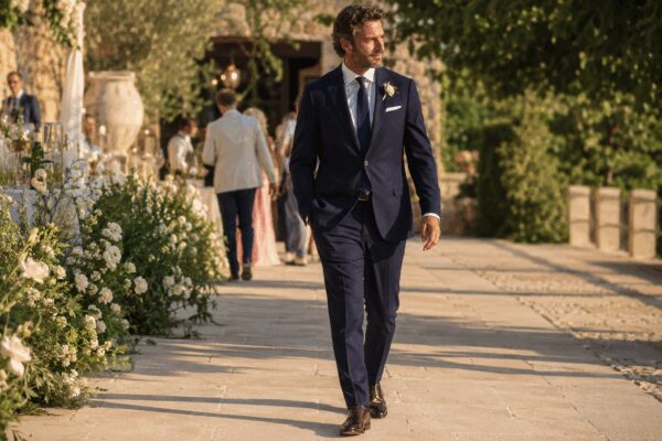 man in wedding suit and shoes walking