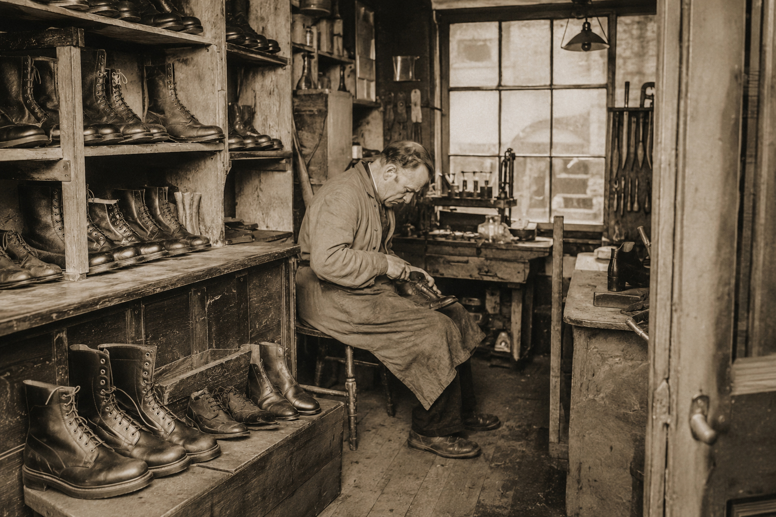 Vintage sepia photograph of an old bootmaker’s shop, with leather boots on wooden shelves and a cobbler working in the back.