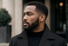Close-up portrait of a stylish Black man with a sharply groomed Hollywoodian beard and low cheek lines.