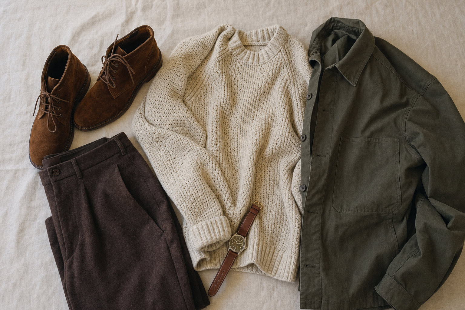 Flat lay of a fall 2026 outfit on a natural linen background: brown suede chukka boots, oatmeal chunky fisherman knit sweater