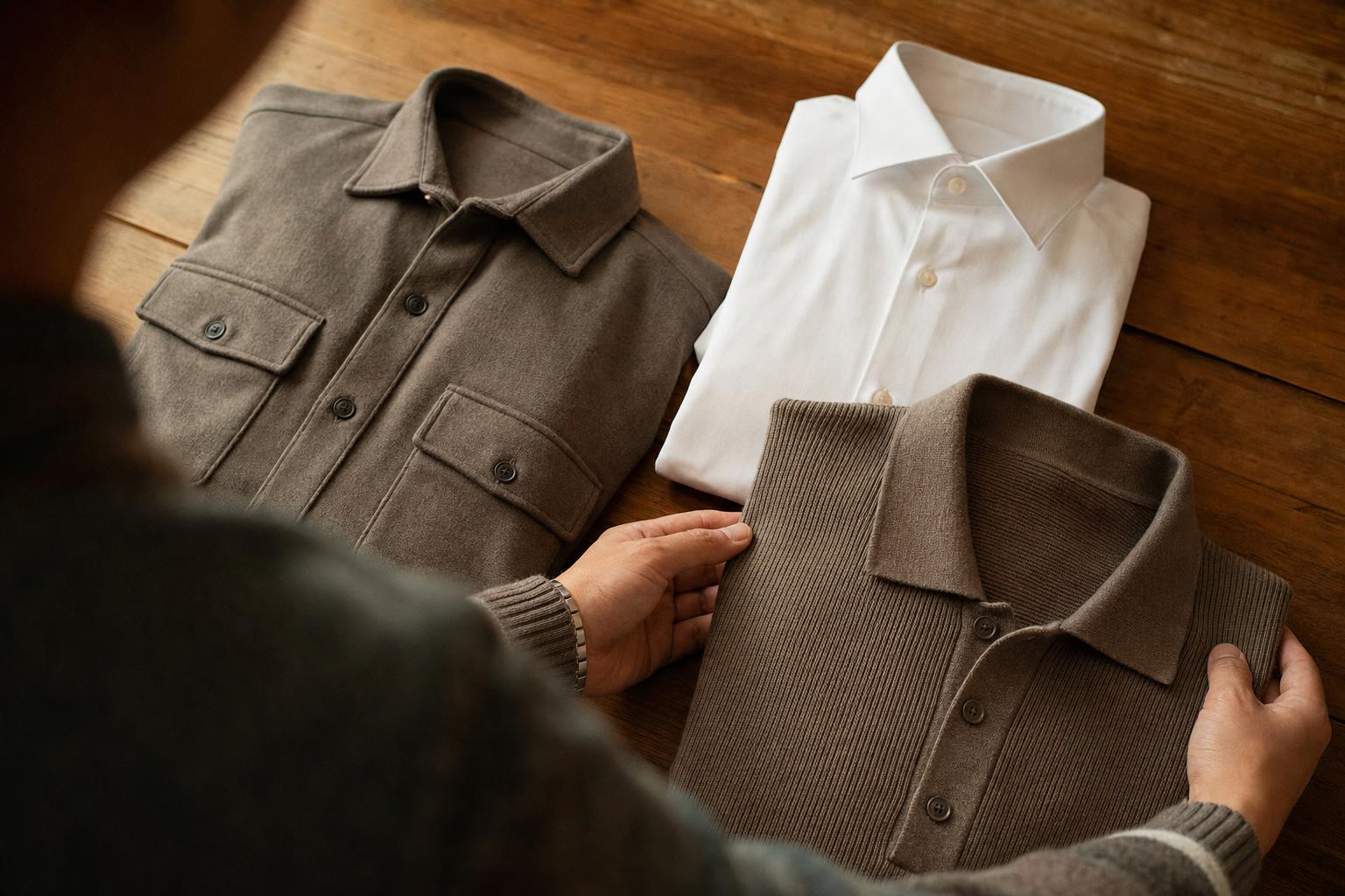 Flat lay of several folded men's shirts in earth tones including an overshirt, white dress shirt, and knit polo 