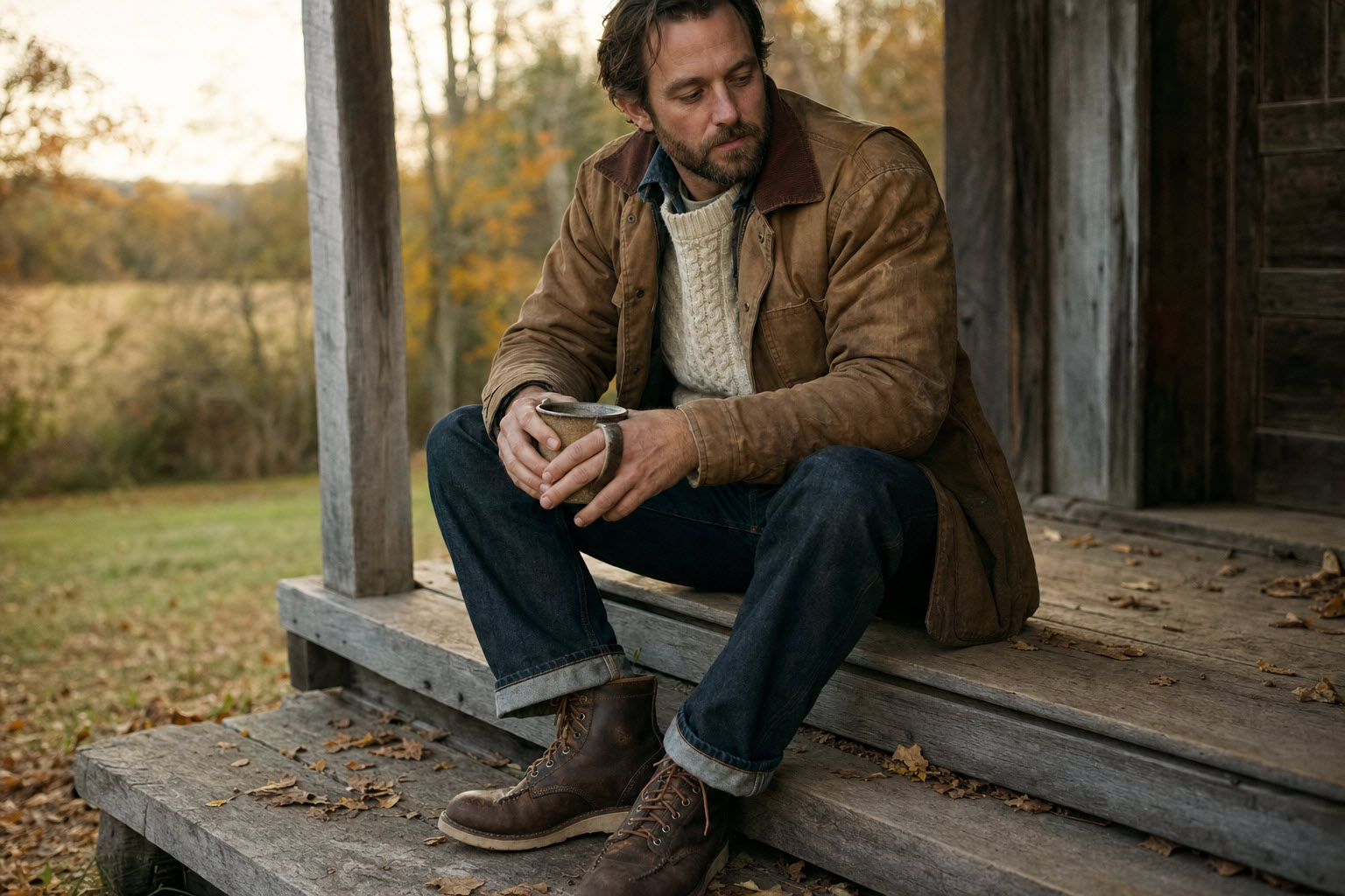 40-year-old man sitting on a rustic wooden porch in rural Wisconsin wearing a beat-in brown chore coat over a cream cable knit sweater