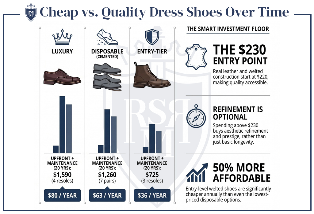 Infographic comparing the 20-year cost of luxury, disposable cemented, and entry-level welted dress shoes, showing entry-level quality shoes as the most affordable option at $36 per year.