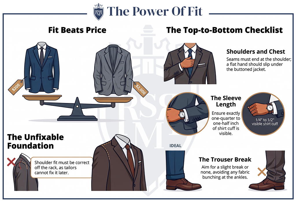 Men's clothing fit guide showing proper suit shoulders, sleeve length, trouser break, and why fit matters more than price.