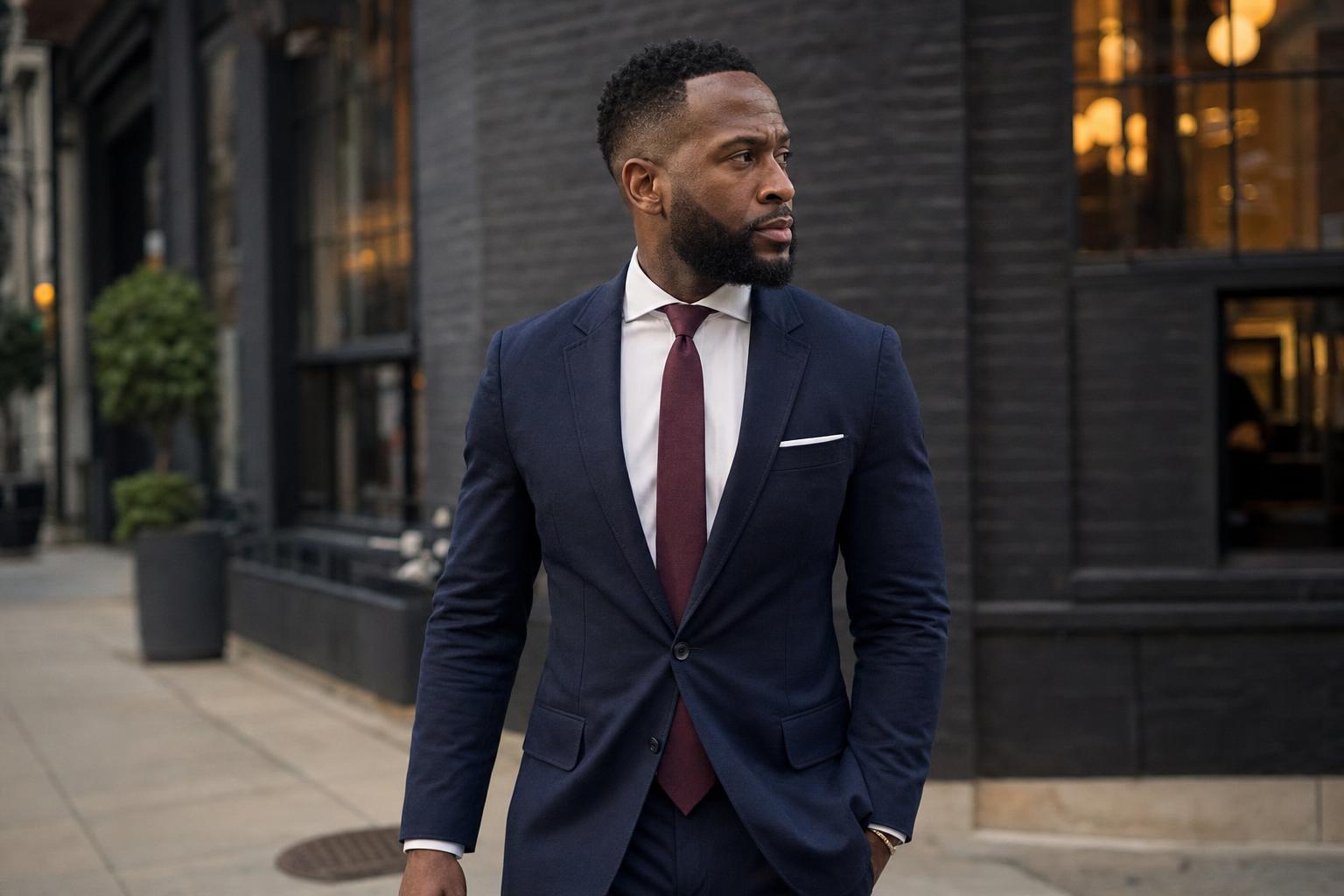 Photorealistic portrait of a confident dark-skinned Black man in his late thirties wearing a perfectly tailored navy suit, crisp white