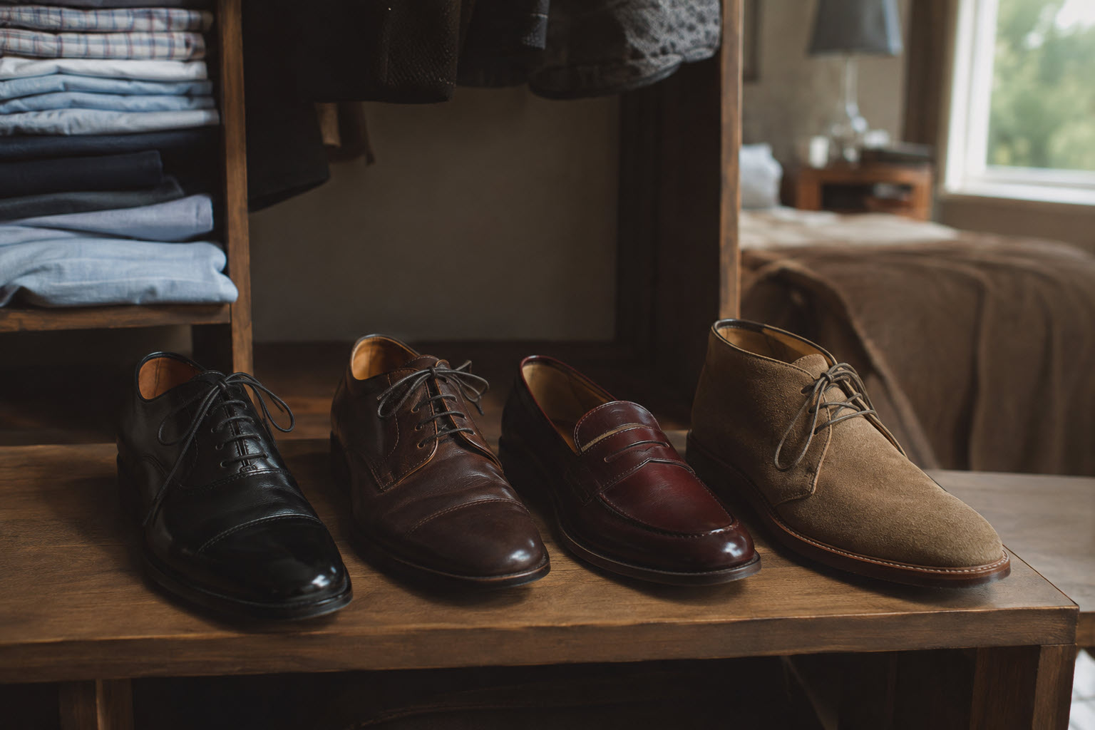 three pairs of shoes lined on a closet shelf: black oxford, brown derby, loafer