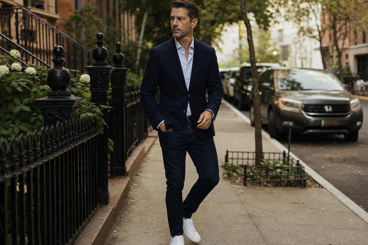 confident man in his 40s standing on a city sidewalk wearing dark slim jeans and a navy sport coat, clean