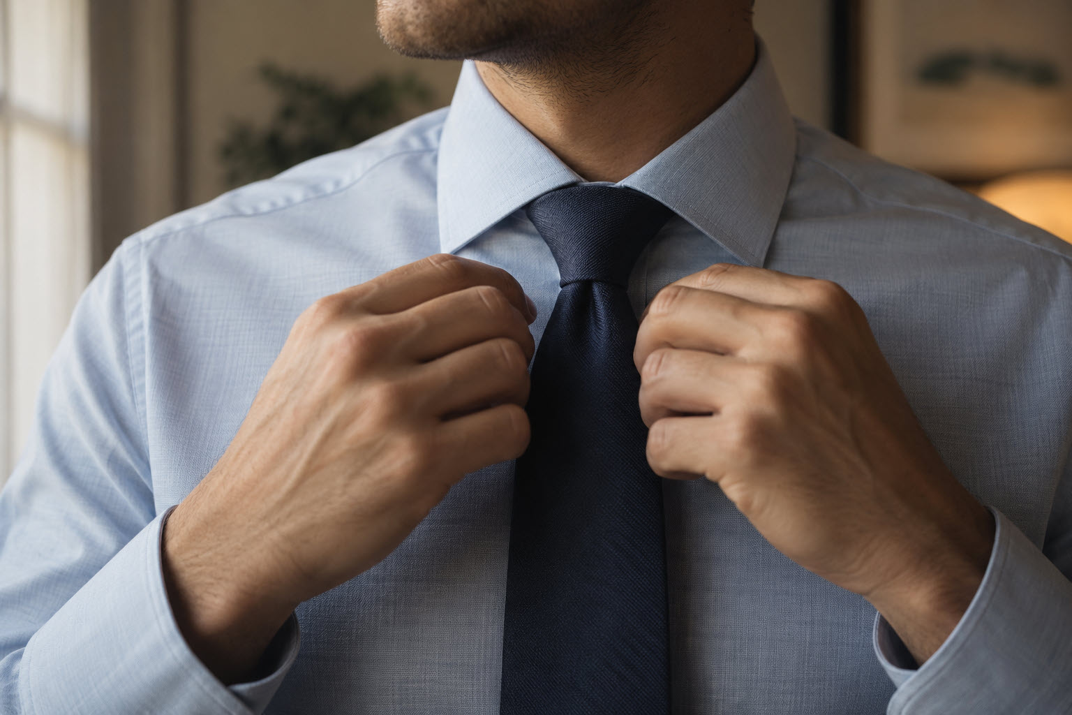 tight chest-up shot of a half-Windsor knot sitting cleanly inside a semi-spread collar