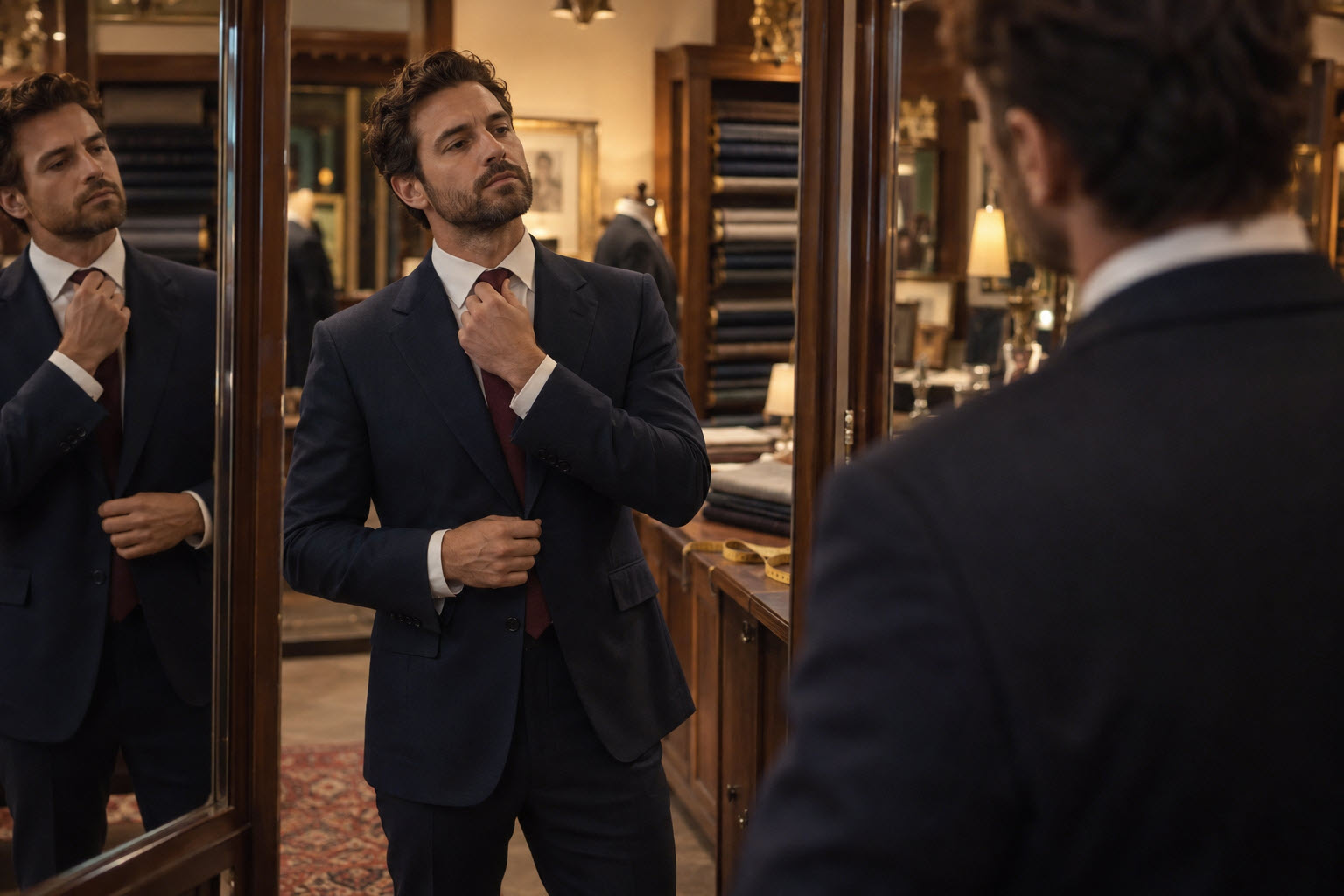 man at a tailor's three-way mirror adjusting a mid-width navy tie