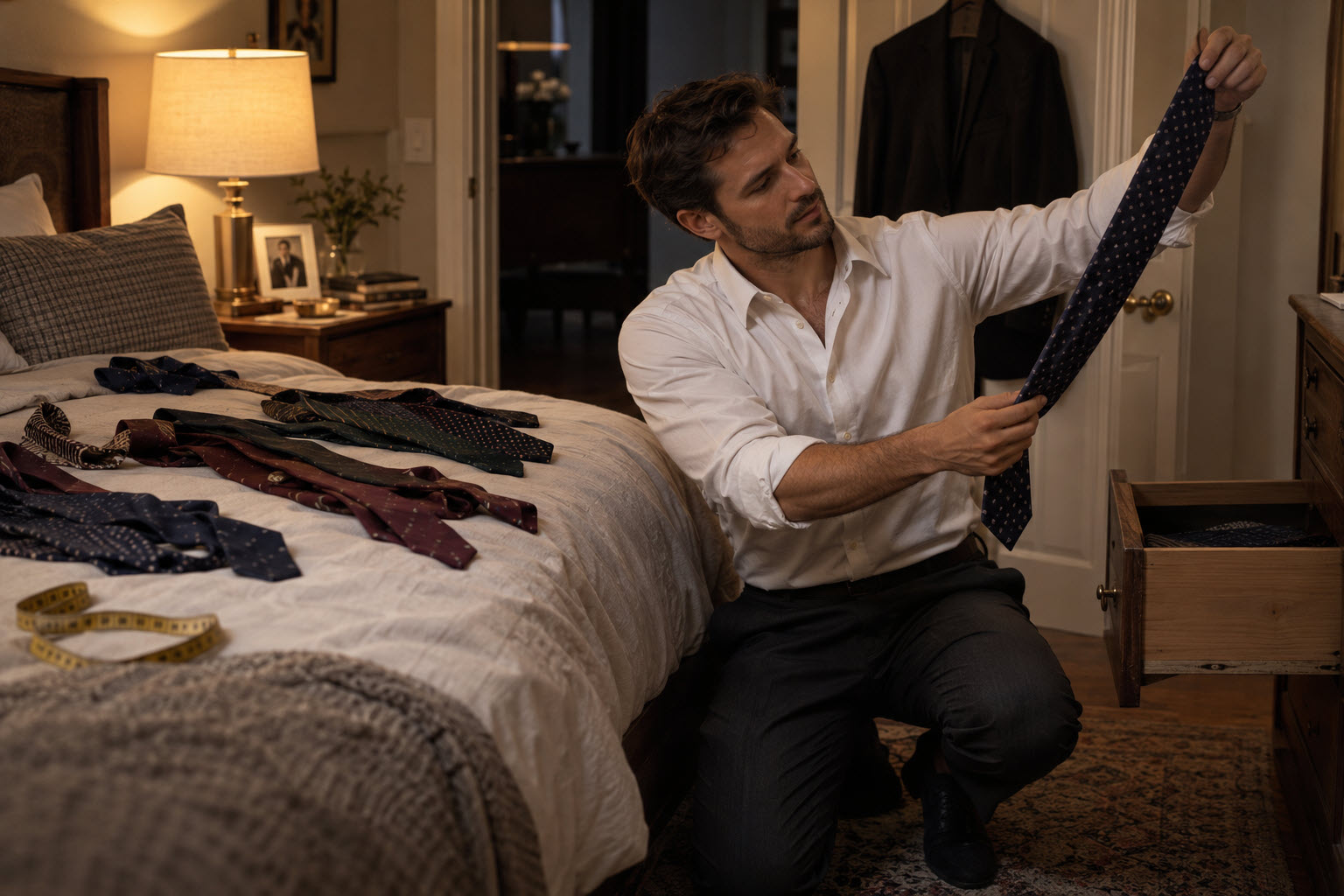 man kneeling at an open dresser drawer sorting ties into three piles on the bed