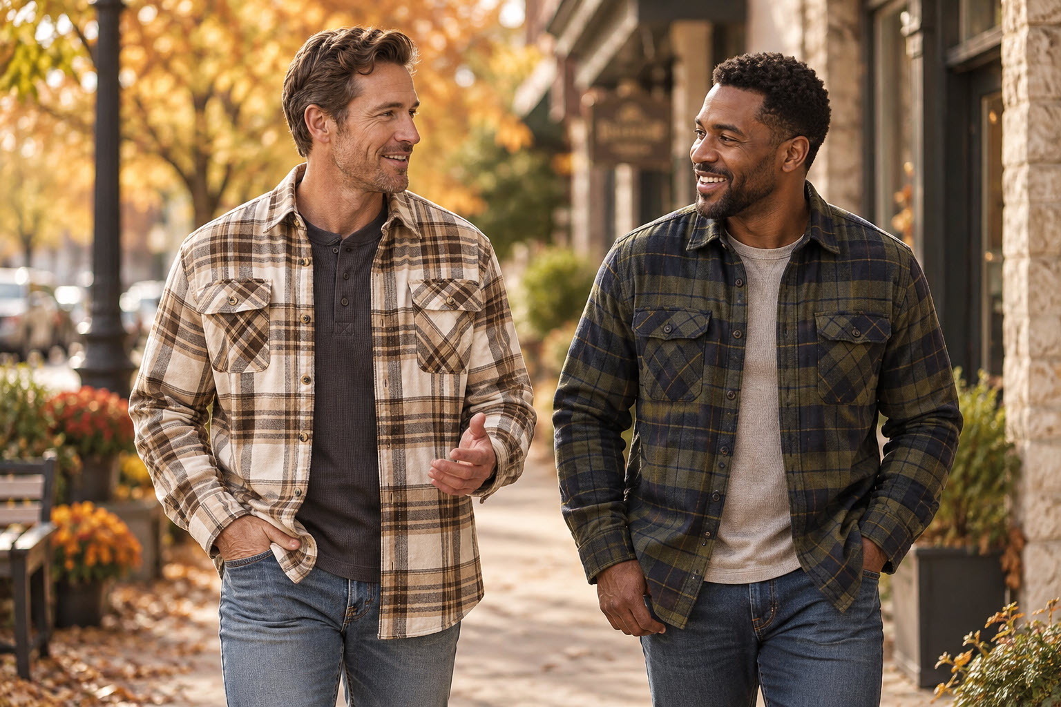 2 men in different flannel shirts